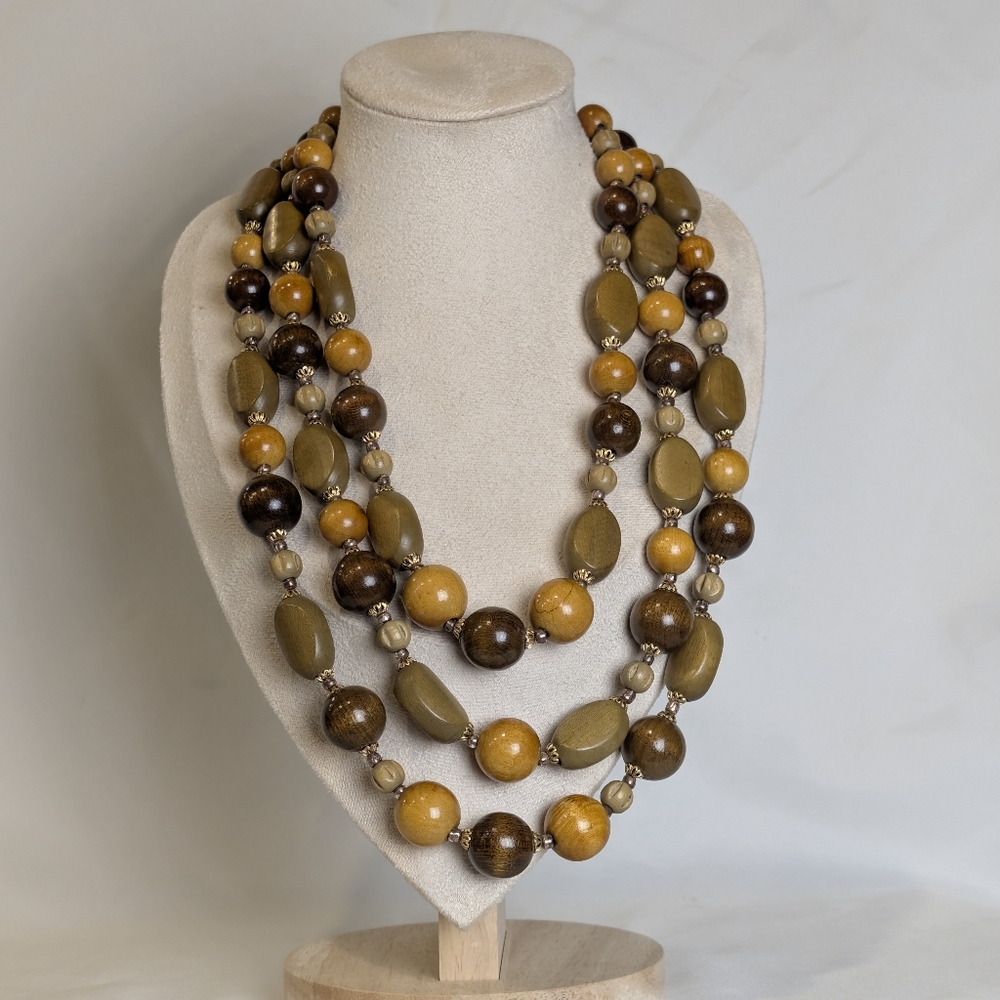 Vintage Wooden Beaded Triple Strand Necklace With Intricate Clasp